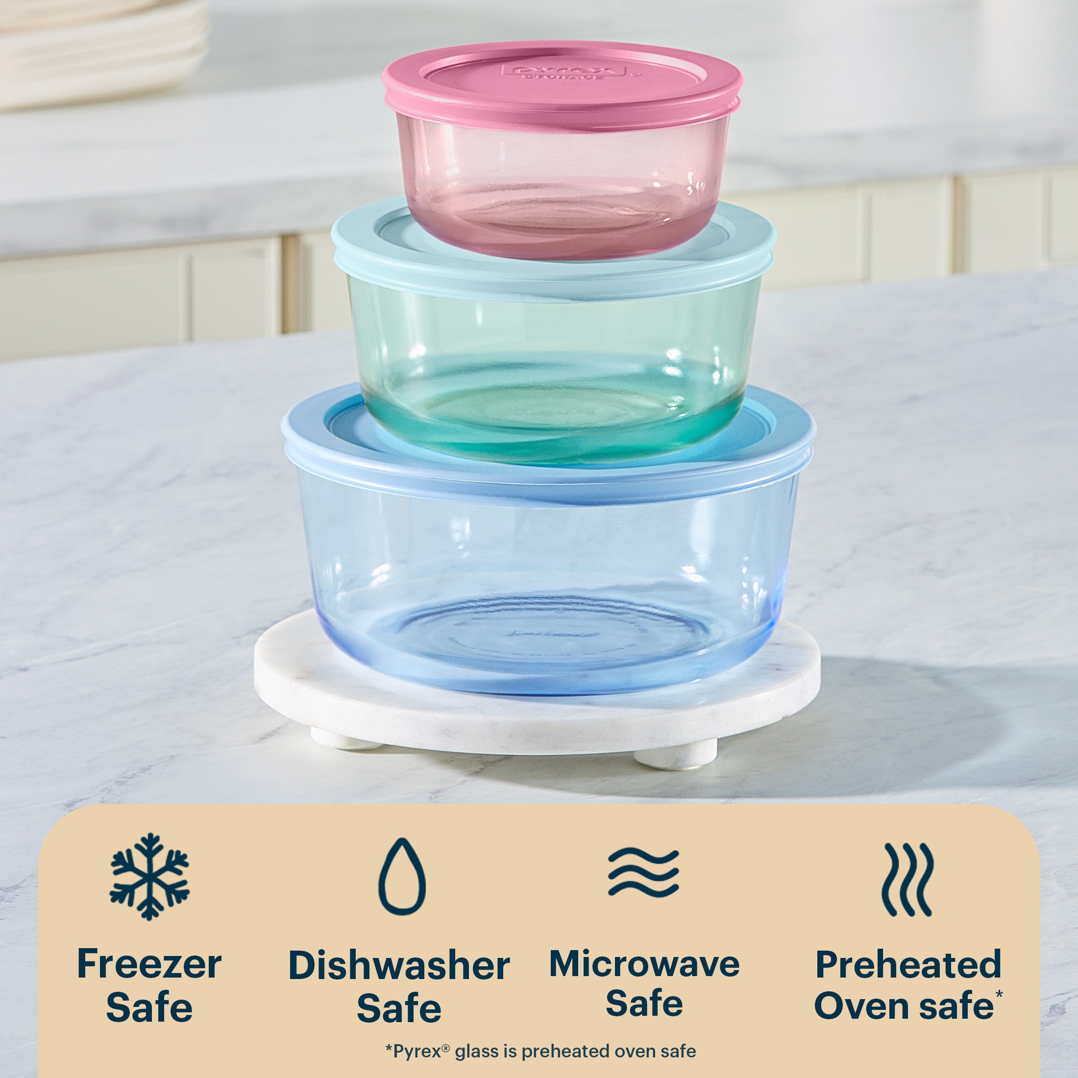 Pyrex® Simply Store® Tinted Glass Round Storage Containers. 6-pc Set. Mixed Colors - Image 4