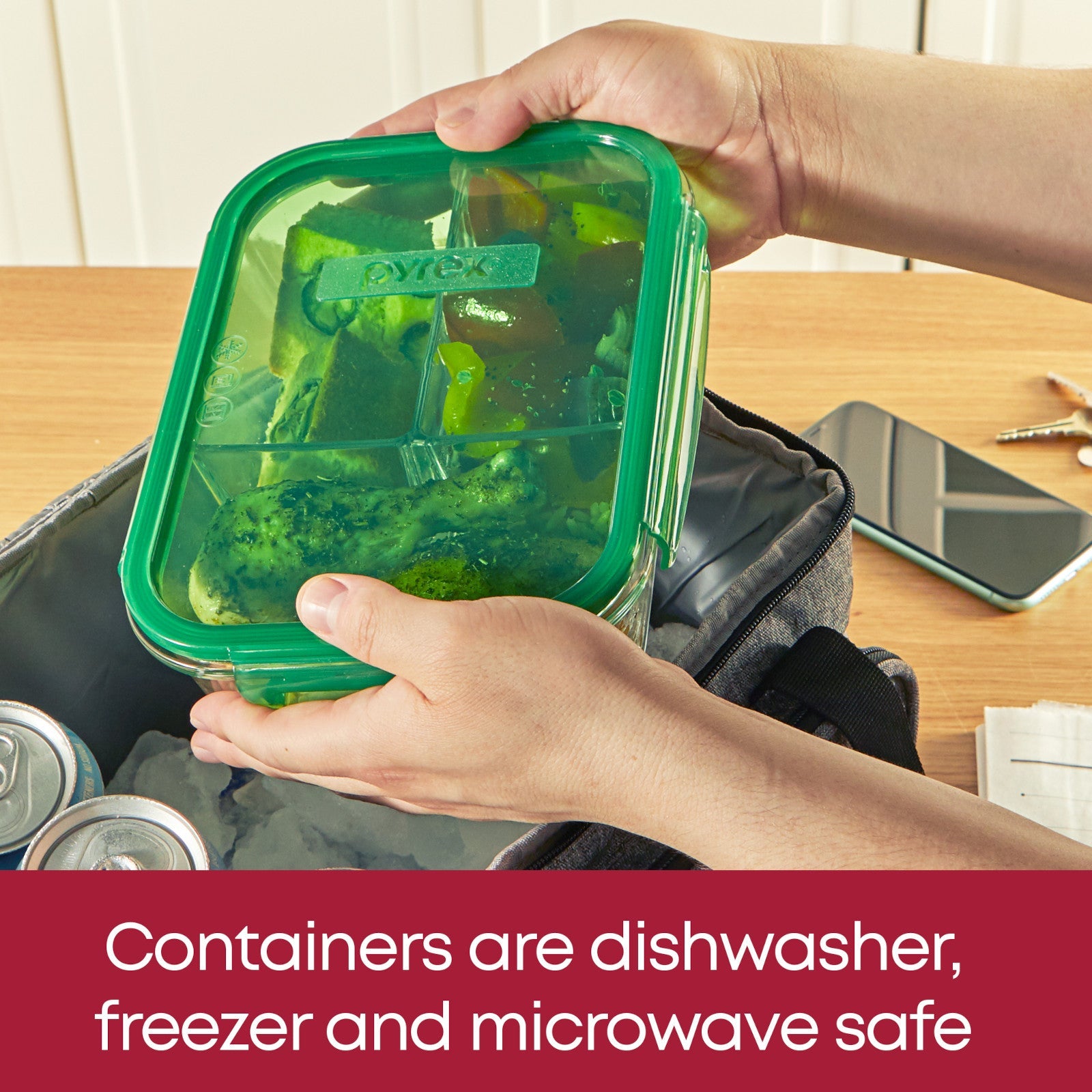 Pyrex® MealBox™ 5.5-cup Divided Glass Food Storage Container with Green Lid - Image 5
