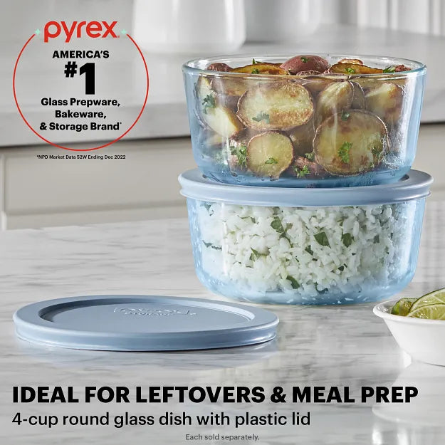 Pyrex® Simply Store® Tinted 4-cup Round Storage with Blue Plastic Lid - Image 2